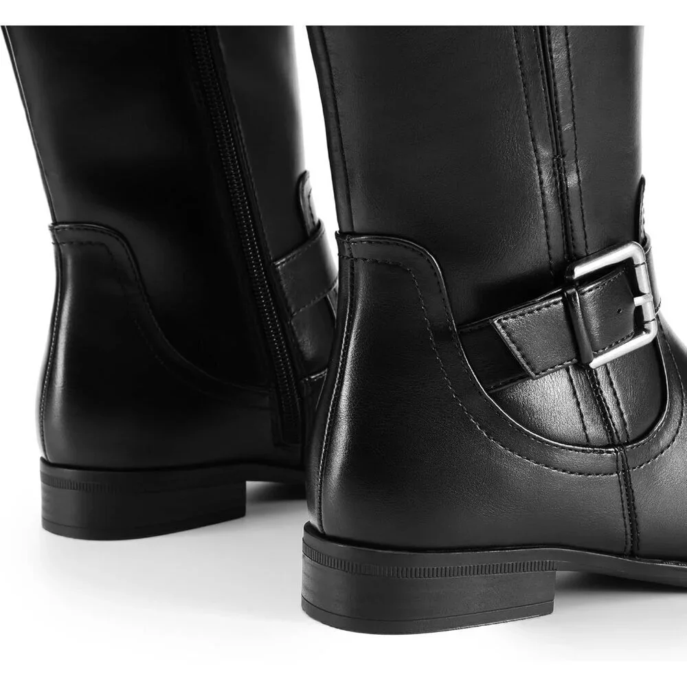 🆕Womens Faux Leather Black Knee High Buckle Chunky Heel Flat Riding Pirate Boot